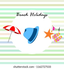 beach umbrella hat flip flops cocktail starfish beach holiday vector background