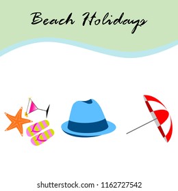beach umbrella hat flip flops cocktail starfish beach holiday vector background