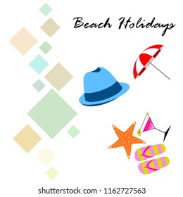 beach umbrella hat flip flops cocktail starfish beach holiday vector background