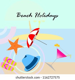 beach umbrella hat flip flops cocktail starfish beach holiday vector background