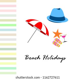 beach umbrella hat flip flops cocktail starfish beach holiday vector background