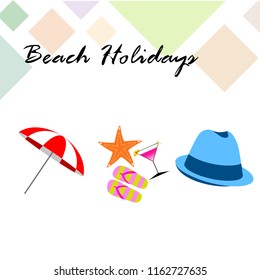 beach umbrella hat flip flops cocktail starfish beach holiday vector background