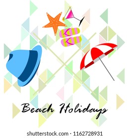 beach umbrella hat flip flops cocktail starfish beach holiday vector background