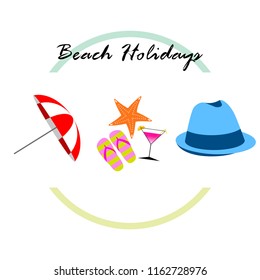 beach umbrella hat flip flops cocktail starfish beach holiday vector background