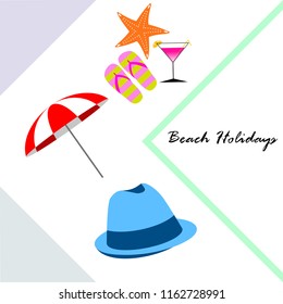 beach umbrella hat flip flops cocktail starfish beach holiday vector background