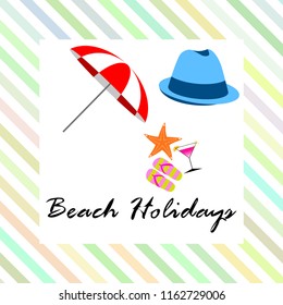 beach umbrella hat flip flops cocktail starfish beach holiday vector background