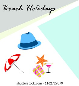 beach umbrella hat flip flops cocktail starfish beach holiday vector background