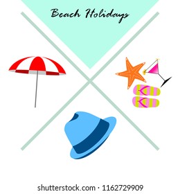 beach umbrella hat flip flops cocktail starfish beach holiday vector background