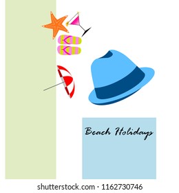 beach umbrella hat flip flops cocktail starfish beach holiday vector background