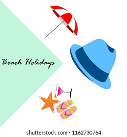 beach umbrella hat flip flops cocktail starfish beach holiday vector background