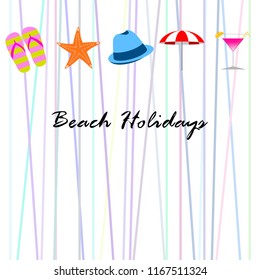 beach umbrella hat flip flops cocktail starfish beach holiday vector background