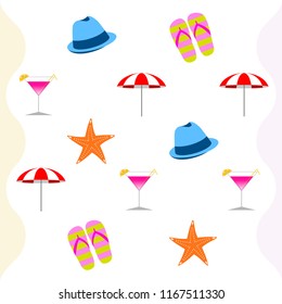 beach umbrella hat flip flops cocktail starfish beach holiday vector background