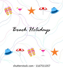 beach umbrella hat flip flops cocktail starfish beach holiday vector background