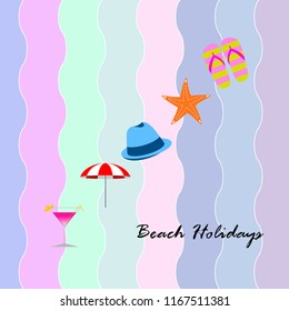 beach umbrella hat flip flops cocktail starfish beach holiday vector background