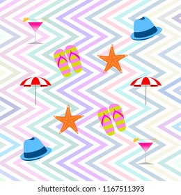beach umbrella hat flip flops cocktail starfish beach holiday vector background