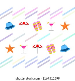 beach umbrella hat flip flops cocktail starfish beach holiday vector background