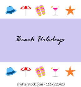 beach umbrella hat flip flops cocktail starfish beach holiday vector background