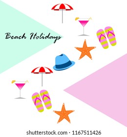 beach umbrella hat flip flops cocktail starfish beach holiday vector background