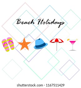 beach umbrella hat flip flops cocktail starfish beach holiday vector background