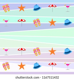 beach umbrella hat flip flops cocktail starfish beach holiday vector background