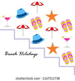 beach umbrella hat flip flops cocktail starfish beach holiday vector background
