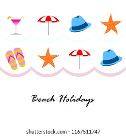 beach umbrella hat flip flops cocktail starfish beach holiday vector background