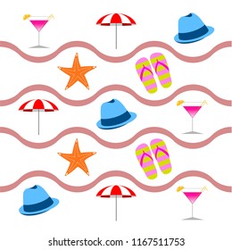 beach umbrella hat flip flops cocktail starfish beach holiday vector background