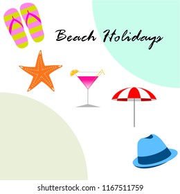 beach umbrella hat flip flops cocktail starfish beach holiday vector background