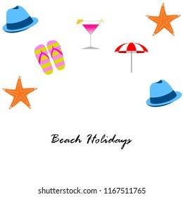 beach umbrella hat flip flops cocktail starfish beach holiday vector background