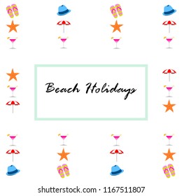 beach umbrella hat flip flops cocktail starfish beach holiday vector background