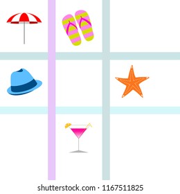 beach umbrella hat flip flops cocktail starfish beach holiday vector background