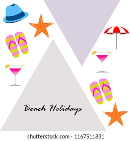 beach umbrella hat flip flops cocktail starfish beach holiday vector background