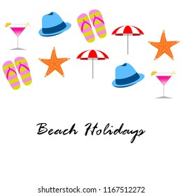 beach umbrella hat flip flops cocktail starfish beach holiday vector background