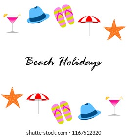 beach umbrella hat flip flops cocktail starfish beach holiday vector background