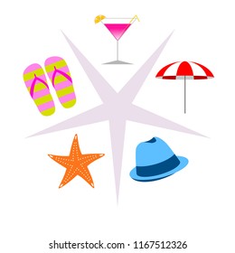 beach umbrella hat flip flops cocktail starfish beach holiday vector background