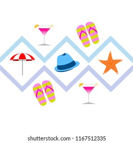 beach umbrella hat flip flops cocktail starfish beach holiday vector background