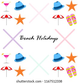 beach umbrella hat flip flops cocktail starfish beach holiday vector background