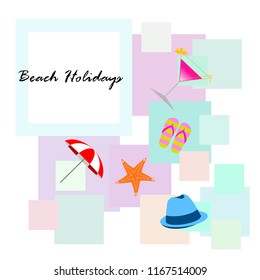 beach umbrella hat flip flops cocktail starfish beach holiday vector background