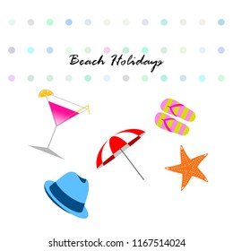 beach umbrella hat flip flops cocktail starfish beach holiday vector background