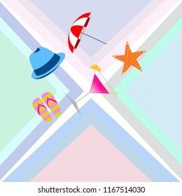 beach umbrella hat flip flops cocktail starfish beach holiday vector background