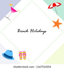 beach umbrella hat flip flops cocktail starfish beach holiday vector background