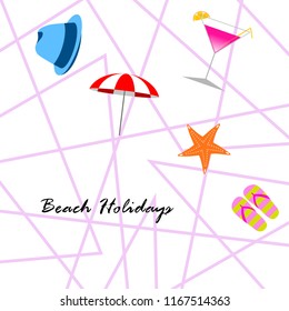 beach umbrella hat flip flops cocktail starfish beach holiday vector background