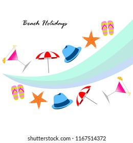 beach umbrella hat flip flops cocktail starfish beach holiday vector background