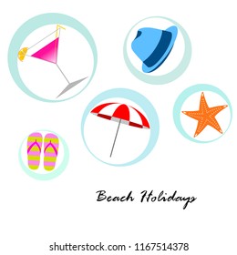 beach umbrella hat flip flops cocktail starfish beach holiday vector background