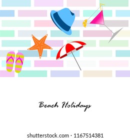 beach umbrella hat flip flops cocktail starfish beach holiday vector background