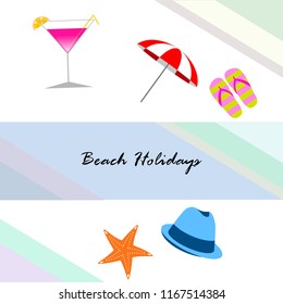 beach umbrella hat flip flops cocktail starfish beach holiday vector background