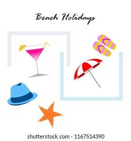 beach umbrella hat flip flops cocktail starfish beach holiday vector background