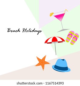 beach umbrella hat flip flops cocktail starfish beach holiday vector background