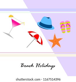 beach umbrella hat flip flops cocktail starfish beach holiday vector background