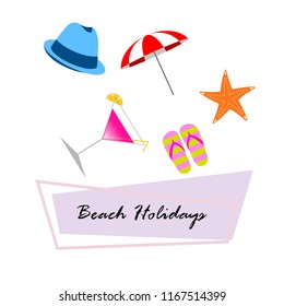 beach umbrella hat flip flops cocktail starfish beach holiday vector background